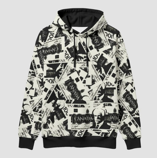 Canadian Money Collage Men's Lined Polyester Pull Over Hoodie for Winter