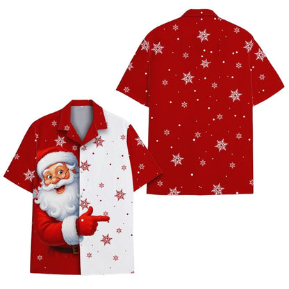 Santa Claus Hawaiian Shirt, Funny Christmas Red White Snowflake Print Button Up Shirt, Holiday Party Shirt, Men Women Festive Beach Outfit