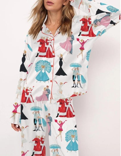 White Christmas Satin Pajama Set For Women