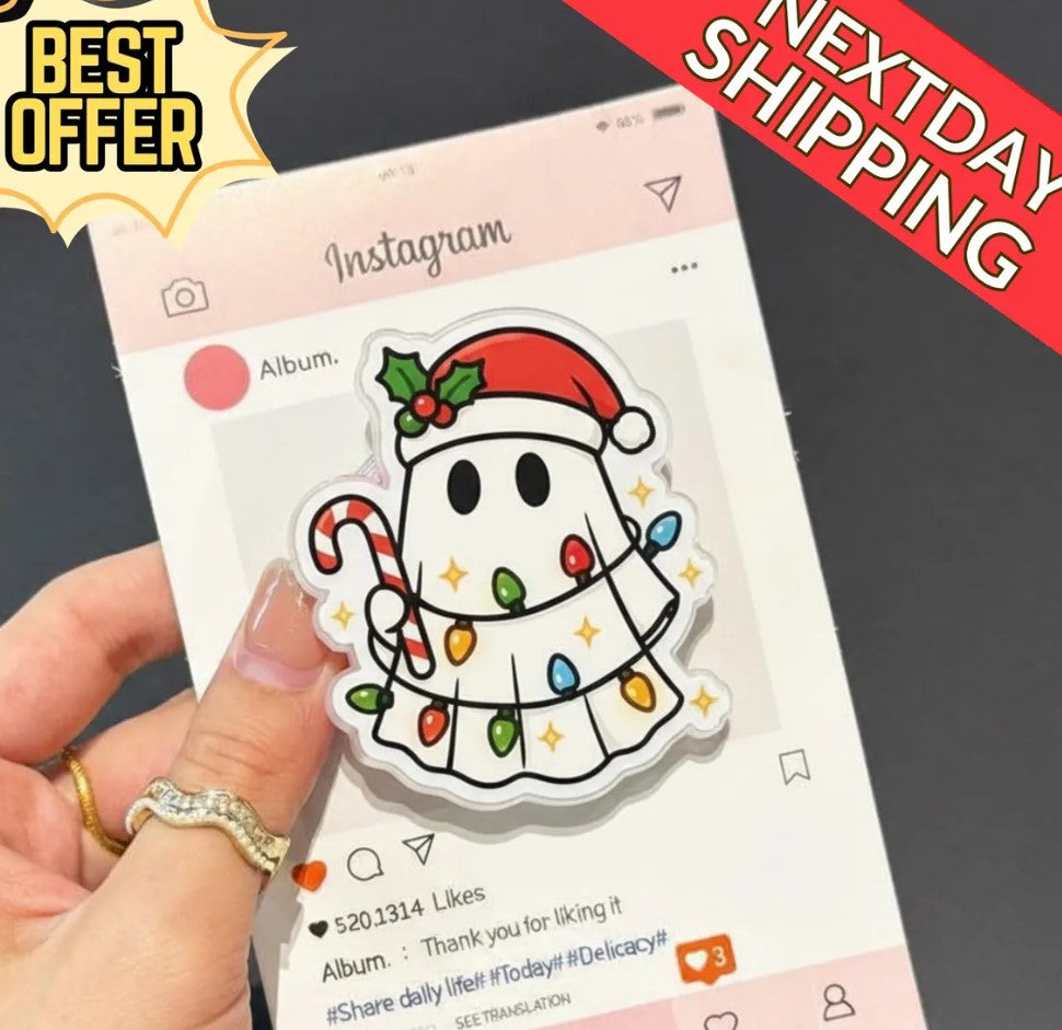 Christmas Ghost Magnetic Phone Grip: Cute Holiday Phone Stand with Santa Hat & Christmas Lights, Magsafe Phone Holder, Gift for Xmas Lovers