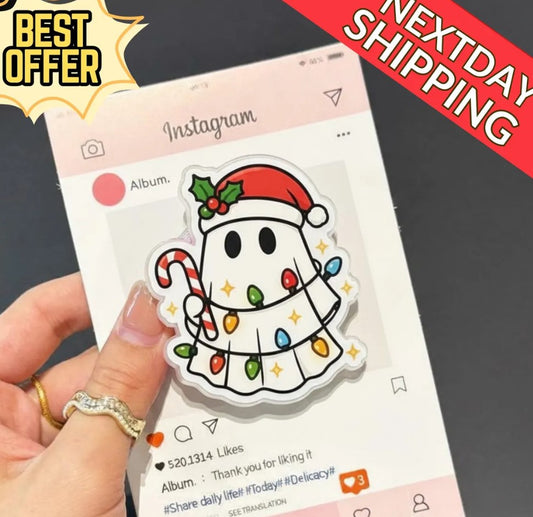 Christmas Ghost Magnetic Phone Grip: Cute Holiday Phone Stand with Santa Hat & Christmas Lights, Magsafe Phone Holder, Gift for Xmas Lovers