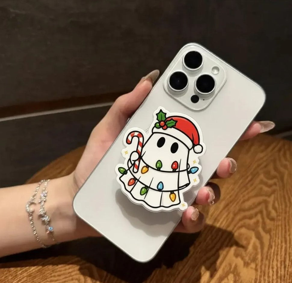 Christmas Ghost Magnetic Phone Grip: Cute Holiday Phone Stand with Santa Hat & Christmas Lights, Magsafe Phone Holder, Gift for Xmas Lovers
