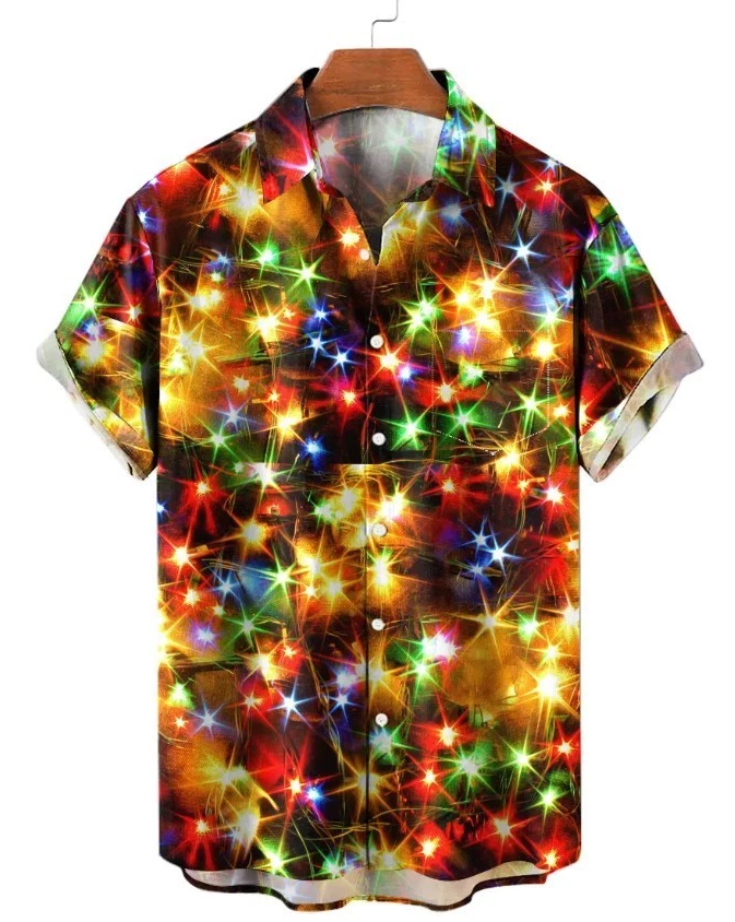 Christmas Gold Neon Men's Short Sleeve Shirts Stretch Plus Size Drama hawaiian