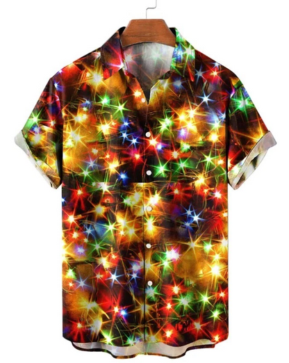 Christmas Gold Neon Men's Short Sleeve Shirts Stretch Plus Size Drama hawaiian