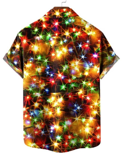 Christmas Gold Neon Men's Short Sleeve Shirts Stretch Plus Size Drama hawaiian