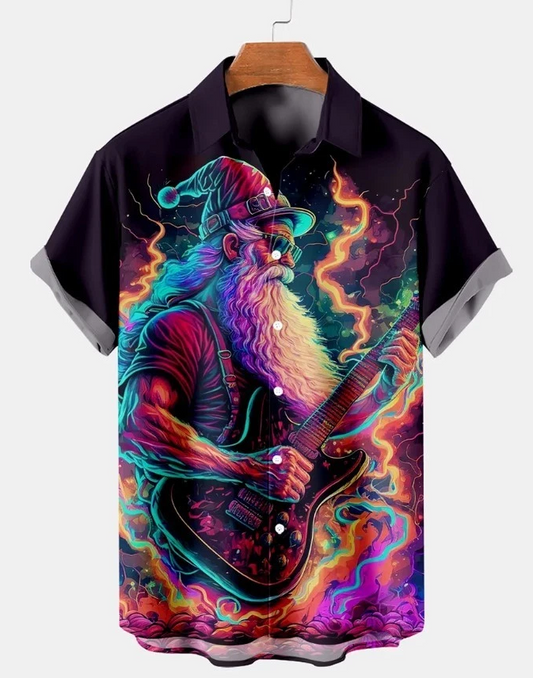 Stylish Santa Guitar Print Short Sleeve Shirt Hawaiian shirt