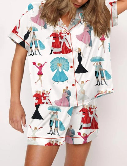 White Christmas Satin Pajama Set For Women