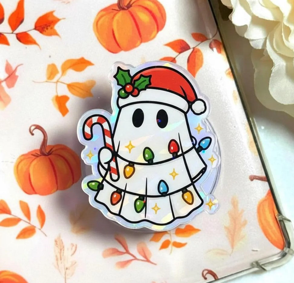 Christmas Ghost Magnetic Phone Grip: Cute Holiday Phone Stand with Santa Hat & Christmas Lights, Magsafe Phone Holder, Gift for Xmas Lovers