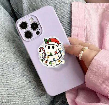 Christmas Ghost Magnetic Phone Grip: Cute Holiday Phone Stand with Santa Hat & Christmas Lights, Magsafe Phone Holder, Gift for Xmas Lovers