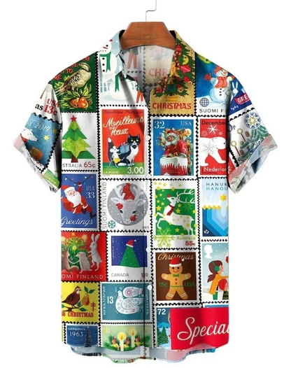 Hawaiian Shirt Vintage Merry Christmas Stamps Print Casual Print Shirt