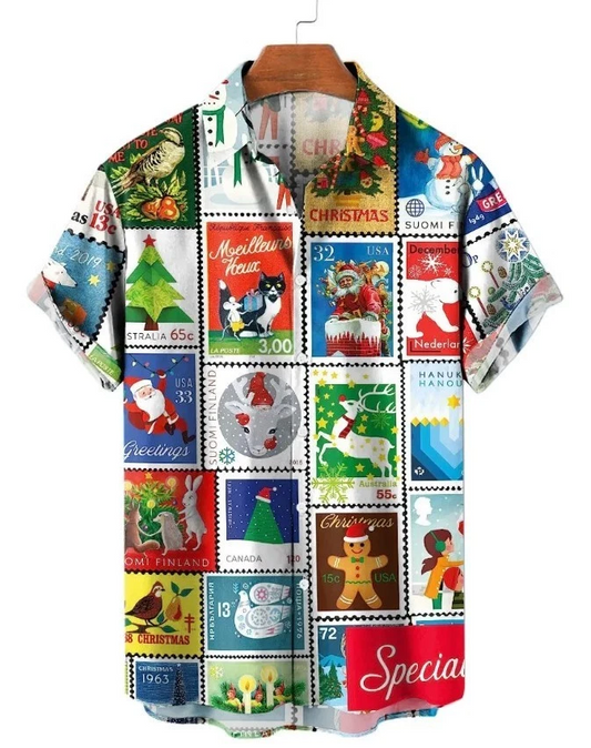 Hawaiian Shirt Vintage Merry Christmas Stamps Print Casual Print Shirt
