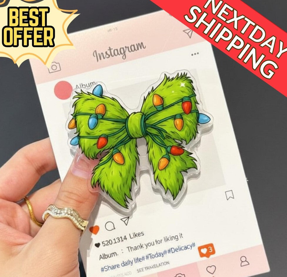 Christmas Lights Bow Magnetic Phone Grip: Cute Holiday Popgrip with Green Bow & Christmas Lights, Magsafe Winter Phone Holder