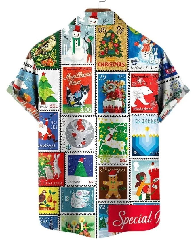 Hawaiian Shirt Vintage Merry Christmas Stamps Print Casual Print Shirt