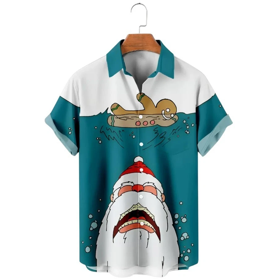 Hawaiian Shirts Fun Christmas Gingerbread Man Santa Swim Print Shirt
