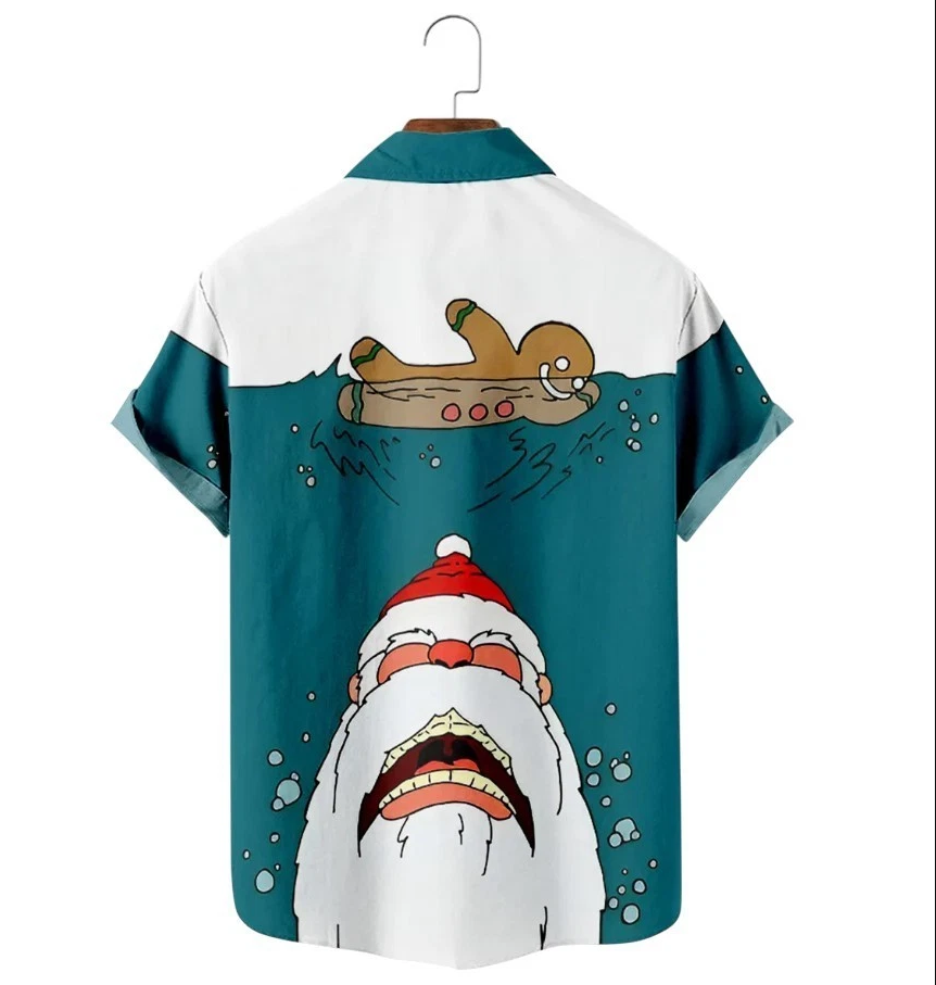Hawaiian Shirts Fun Christmas Gingerbread Man Santa Swim Print Shirt