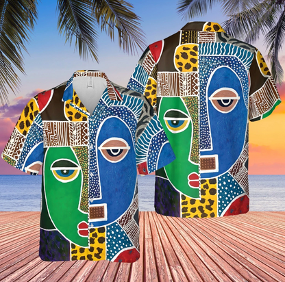 Colorful African Abstract Face Art Linen Hawaiian Shirt