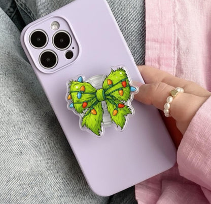 Christmas Lights Bow Magnetic Phone Grip: Cute Holiday Popgrip with Green Bow & Christmas Lights, Magsafe Winter Phone Holder