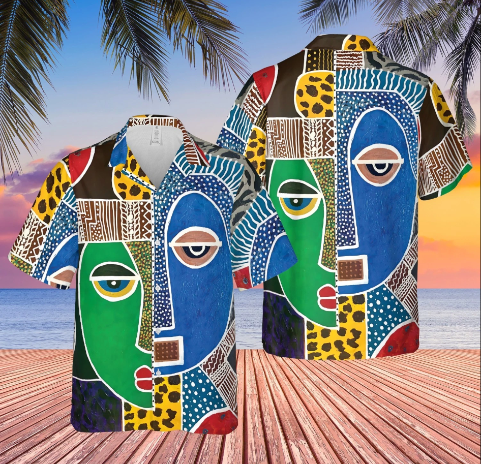 Colorful African Abstract Face Art Linen Hawaiian Shirt