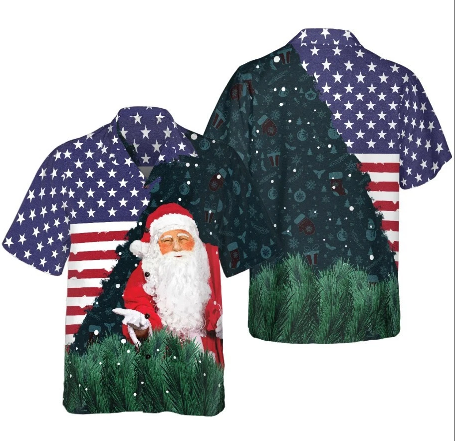Christmas Hawaiian Shirts, Santa USA Flag Pattern Shirt Short Sleeve