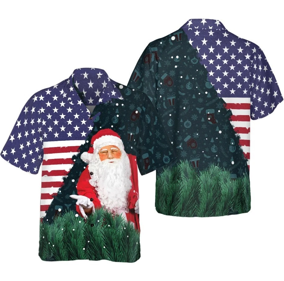Christmas Hawaiian Shirts, Santa USA Flag Pattern Shirt Short Sleeve