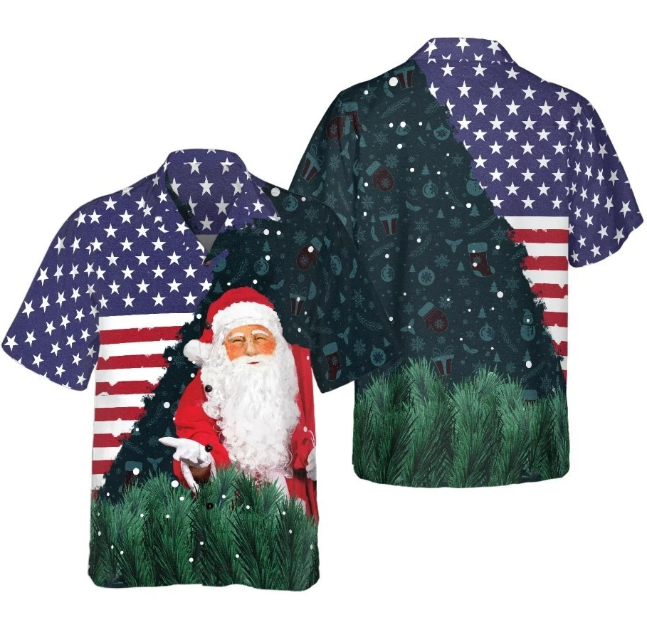 Christmas Hawaiian Shirts, Santa USA Flag Pattern Shirt Short Sleeve