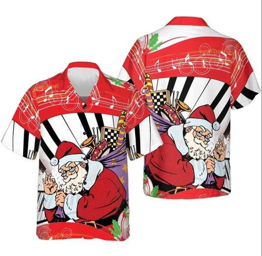 Christmas Hawaiian Shirts, Santa Claus With Piano Background Shirt Short Sleeve