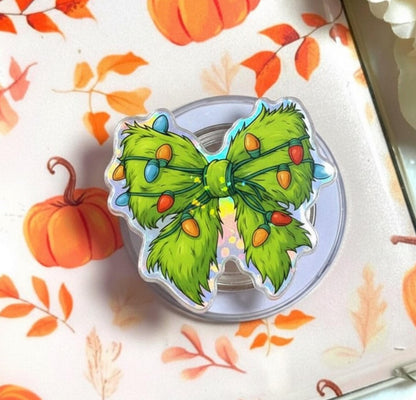 Christmas Lights Bow Magnetic Phone Grip: Cute Holiday Popgrip with Green Bow & Christmas Lights, Magsafe Winter Phone Holder