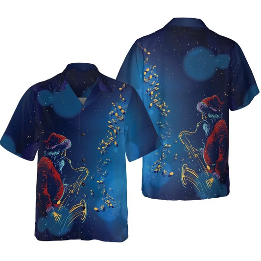 Christmas Hawaiian Shirts, Santa Claus Play The Saxophone Shirt Short Sleeve