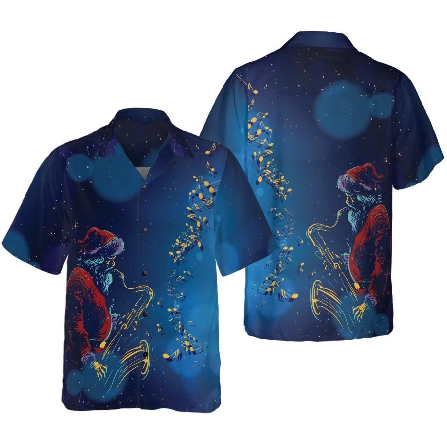 Christmas Hawaiian Shirts, Santa Claus Play The Saxophone Shirt Short Sleeve