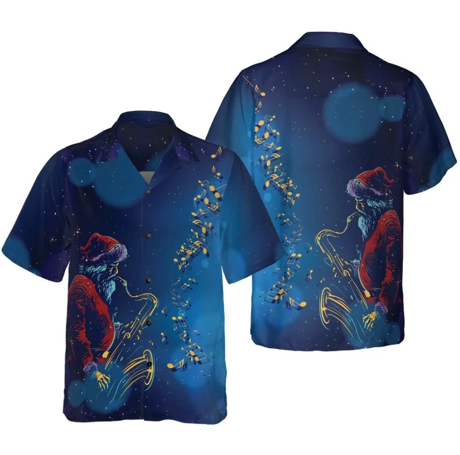 Christmas Hawaiian Shirts, Santa Claus Play The Saxophone Shirt Short Sleeve