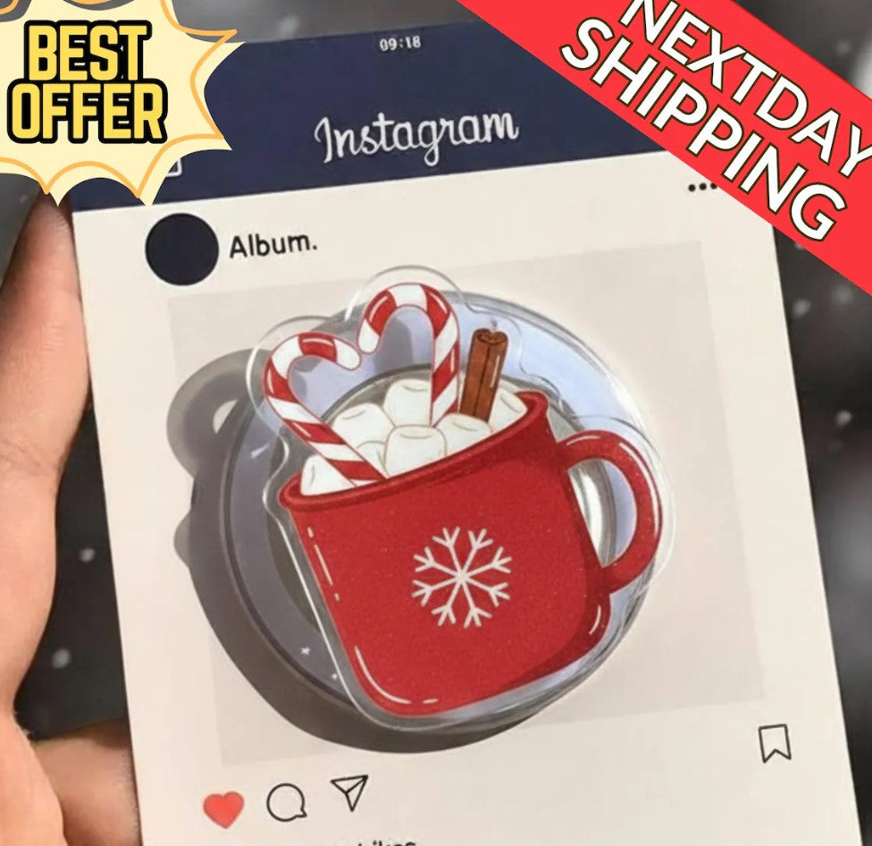Holiday Hot Chocolate Magnetic Phone Grip: Cute Red Mug with Candy Canes & Marshmallows, Festive Winter Holder, Perfect Christmas Gift
