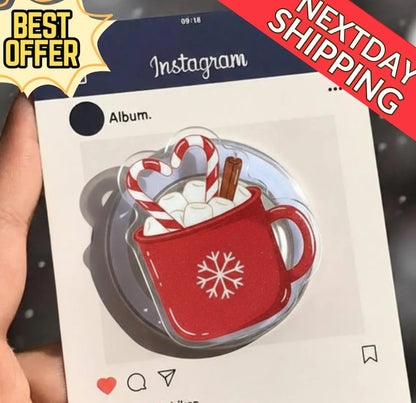 Holiday Hot Chocolate Magnetic Phone Grip: Cute Red Mug with Candy Canes & Marshmallows, Festive Winter Holder, Perfect Christmas Gift