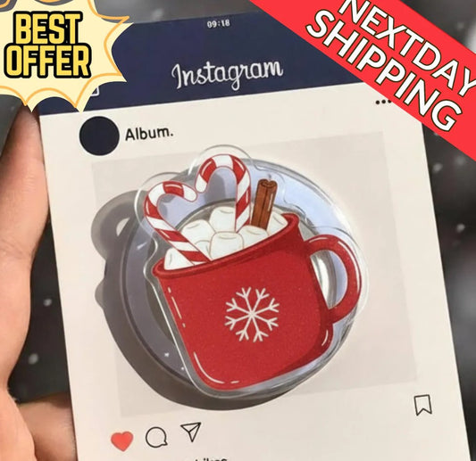 Holiday Hot Chocolate Magnetic Phone Grip: Cute Red Mug with Candy Canes & Marshmallows, Festive Winter Holder, Perfect Christmas Gift