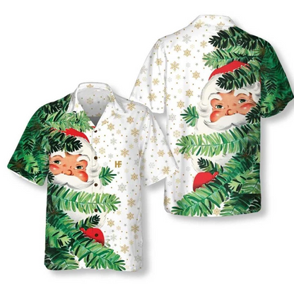 Hi Santa Behind Christmas Tree Christmas Hawaiian Shirt, Cute Santa Claus Hawaii