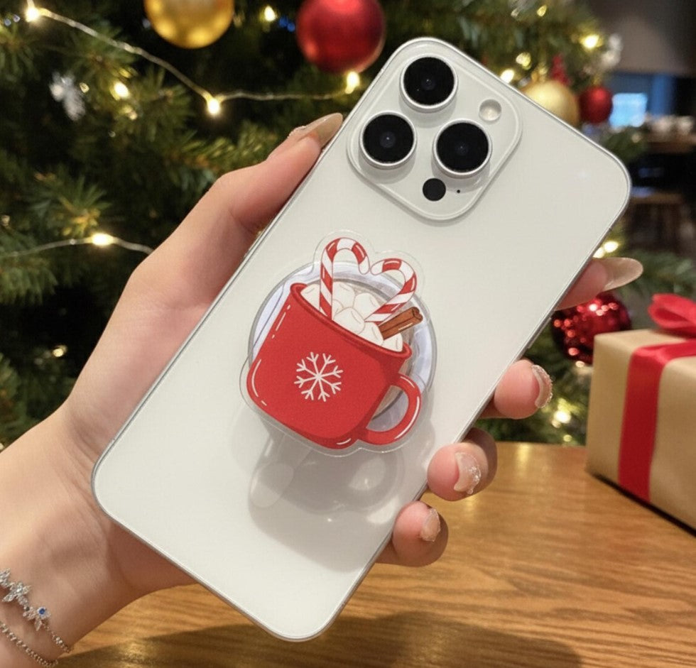 Holiday Hot Chocolate Magnetic Phone Grip: Cute Red Mug with Candy Canes & Marshmallows, Festive Winter Holder, Perfect Christmas Gift