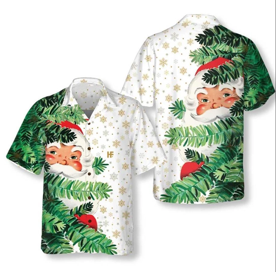 Hi Santa Behind Christmas Tree Christmas Hawaiian Shirt, Cute Santa Claus Hawaii