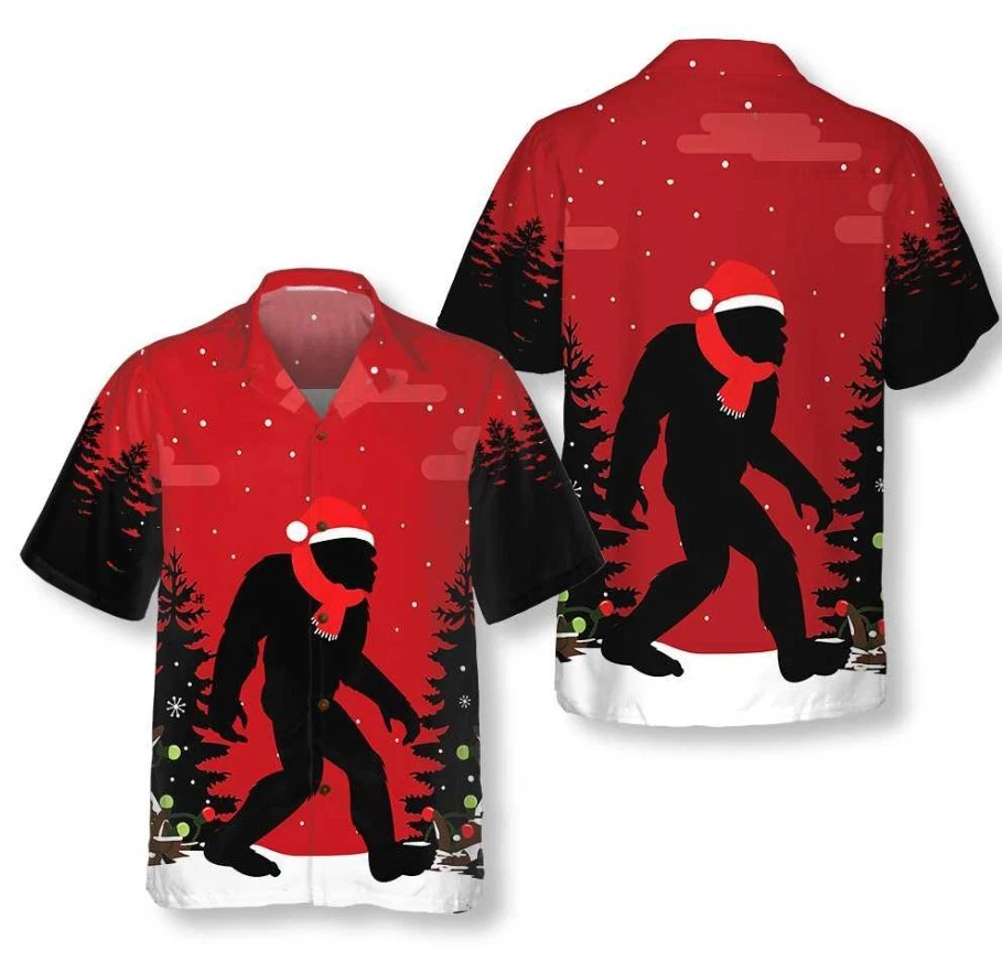 Christmas Bigfoot In The Forest Hawaiian Shirt, Funny Christmas Bigfoot Shirt Fo