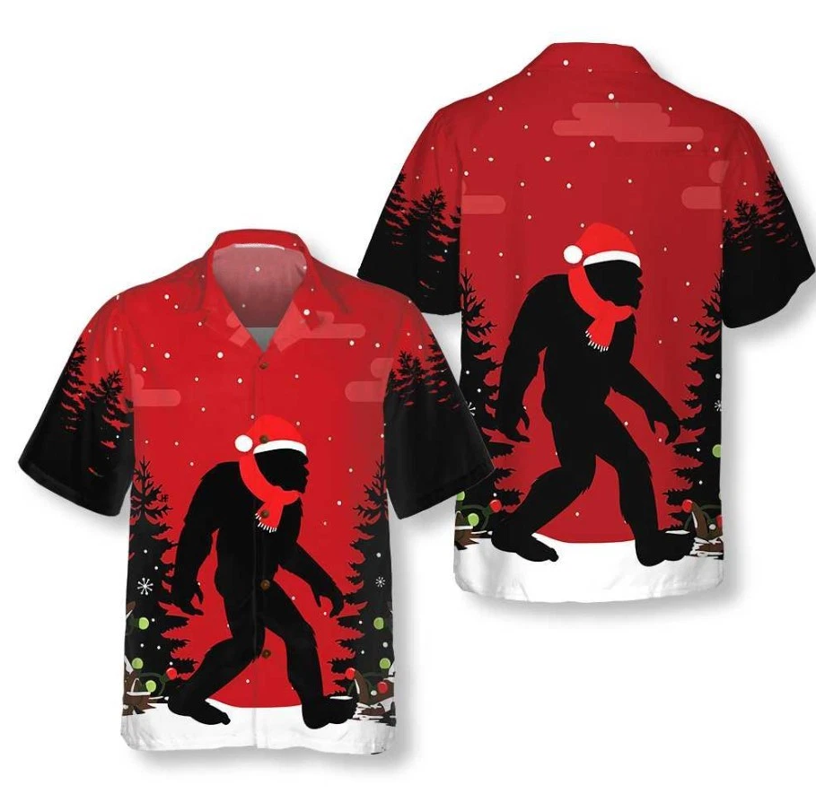 Christmas Bigfoot In The Forest Hawaiian Shirt, Funny Christmas Bigfoot Shirt Fo