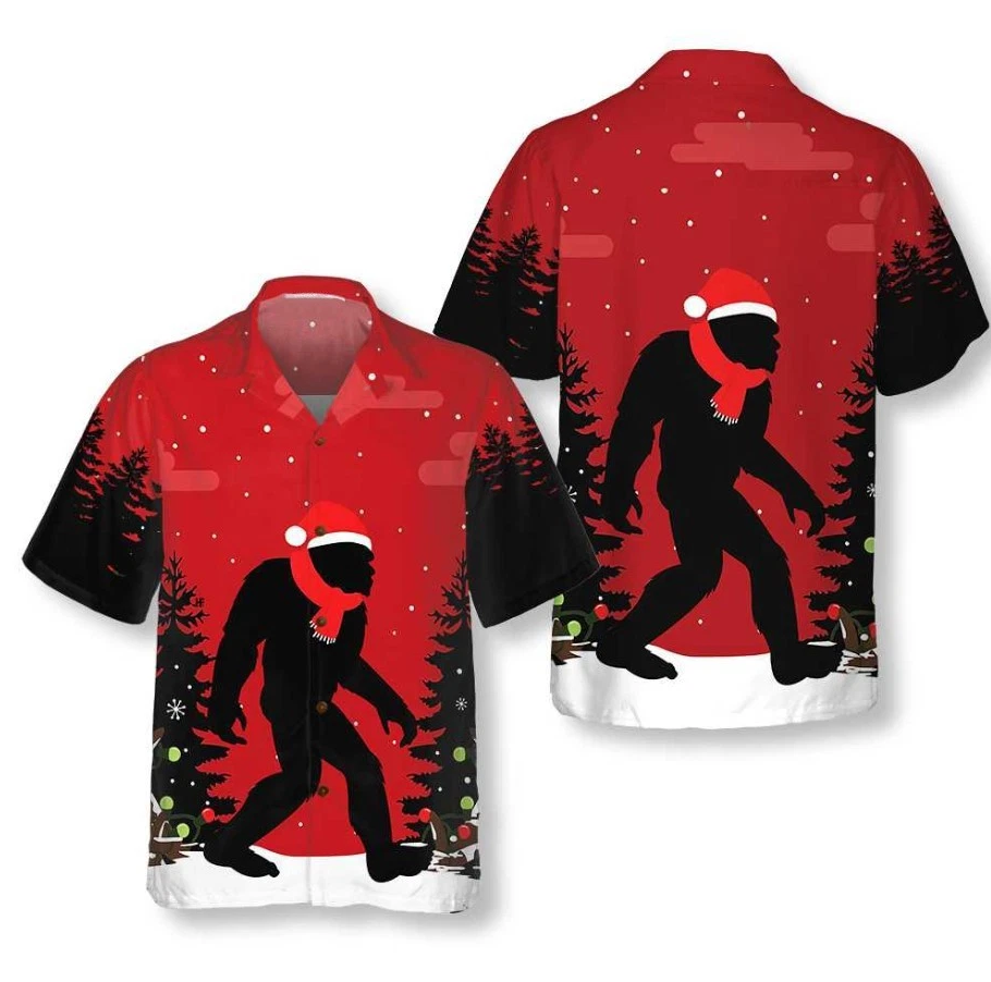 Christmas Bigfoot In The Forest Hawaiian Shirt, Funny Christmas Bigfoot Shirt Fo