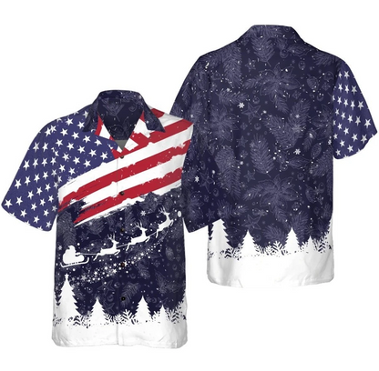 Christmas Hawaiian Shirts, Merry Christmas USA Flag Pattern Shirt Short Sleeve