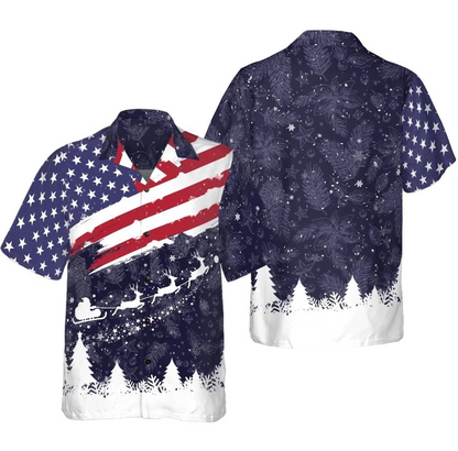 Christmas Hawaiian Shirts, Merry Christmas USA Flag Pattern Shirt Short Sleeve