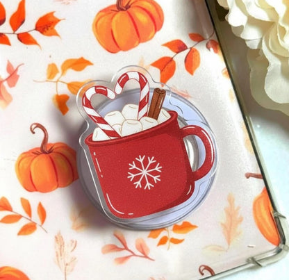 Holiday Hot Chocolate Magnetic Phone Grip: Cute Red Mug with Candy Canes & Marshmallows, Festive Winter Holder, Perfect Christmas Gift