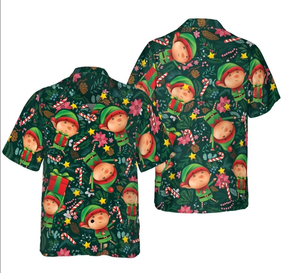 Christmas Hawaiian Shirts, The Christmas Elf With Dark Green Pattern Shirt Short