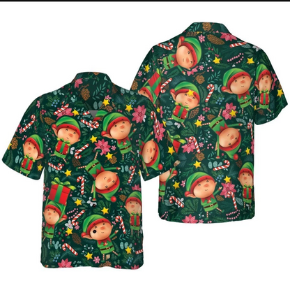 Christmas Hawaiian Shirts, The Christmas Elf With Dark Green Pattern Shirt Short