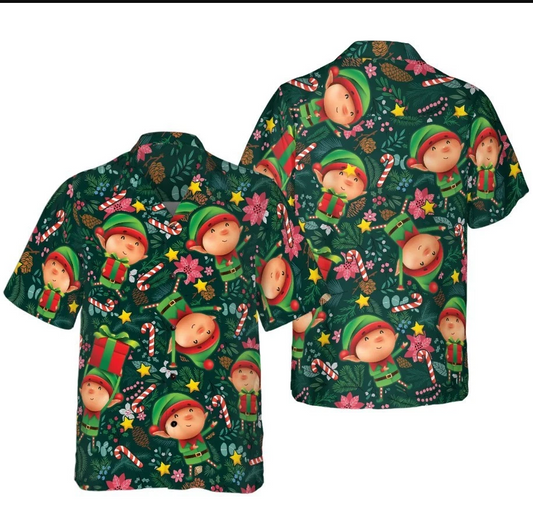 Christmas Hawaiian Shirts, The Christmas Elf With Dark Green Pattern Shirt Short