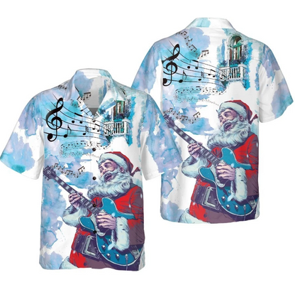 Christmas Hawaiian Shirts, Chritmas Santa Guitar Music Pattern Shirt Short Sleev