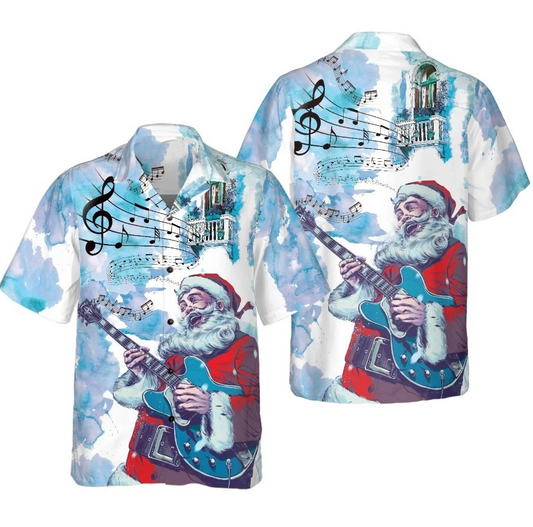 Christmas Hawaiian Shirts, Chritmas Santa Guitar Music Pattern Shirt Short Sleev