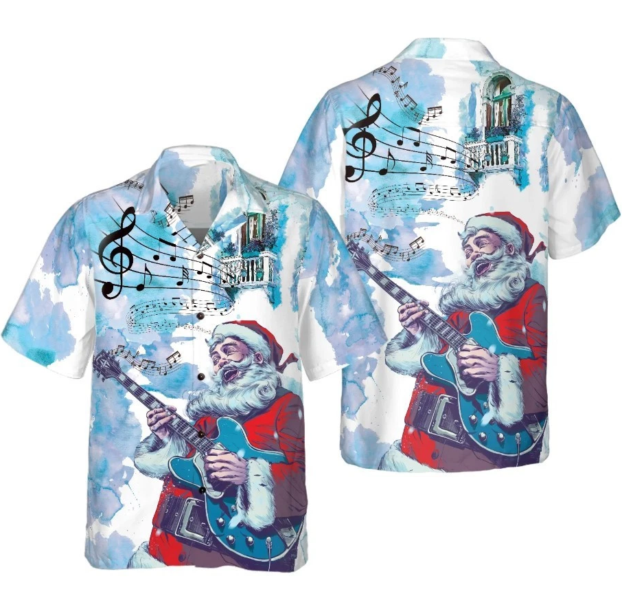 Christmas Hawaiian Shirts, Chritmas Santa Guitar Music Pattern Shirt Short Sleev
