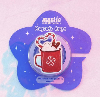 Holiday Hot Chocolate Magnetic Phone Grip: Cute Red Mug with Candy Canes & Marshmallows, Festive Winter Holder, Perfect Christmas Gift