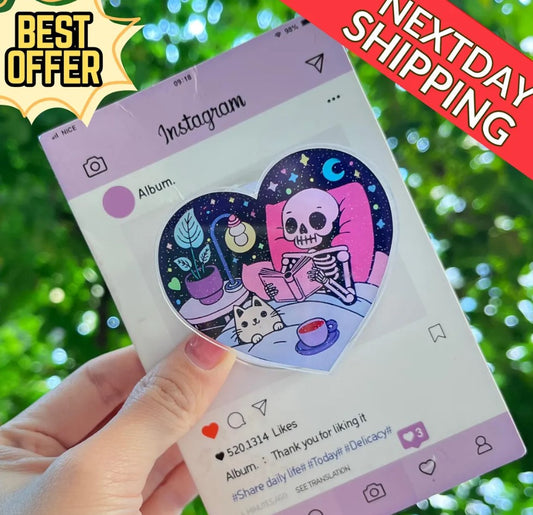 Skeleton & Cat Magnetic Phone Stand: Cute Heart-Shaped Phone Grip, Nighttime Skeleton Reading with Cat, Kawaii Magsafe Phone Holder